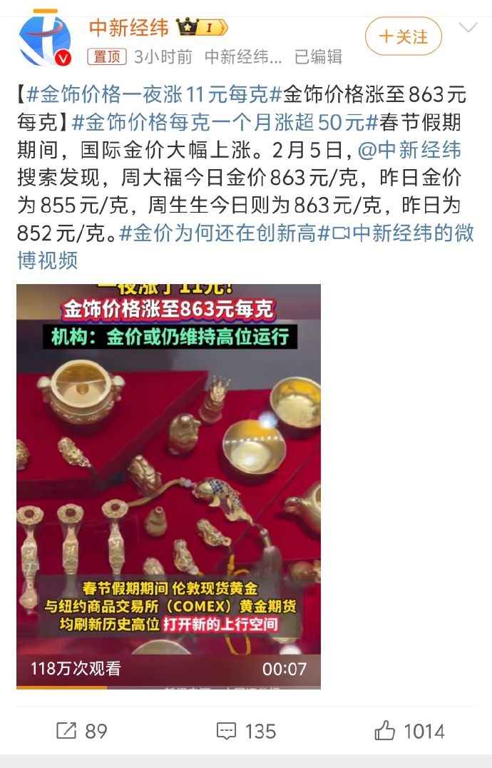 国内黄金饰品每克单价突破千元 业内提示：合理配置资产